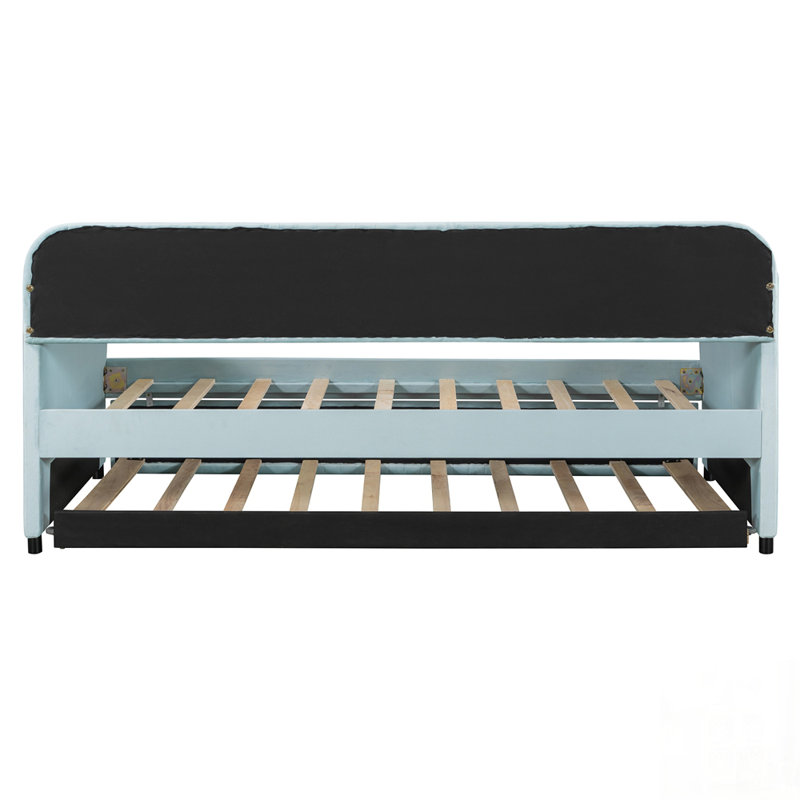 Elegant Velvet Upholstered Daybed with Trundle and Wood Slat Support, Perfect for Small Spaces and Versatile Use, Light Blue