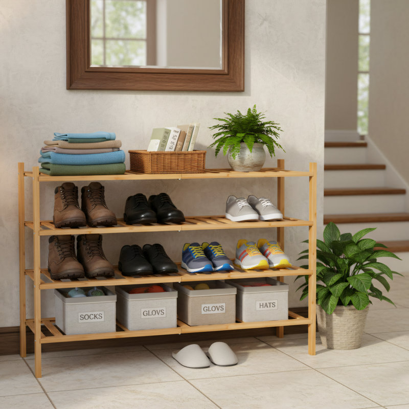 Four-Tier Bamboo Shoe Rack, Freestanding And Stackable, Suitable For Wardrobes, Entryways, And Small Spaces., Natural Wood