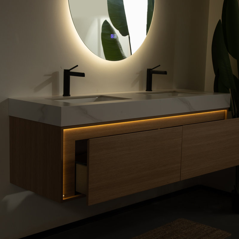 Meuble-lavabo flottant avec comptoir en pierre frittée, lavabo en céramique et capteur DEL