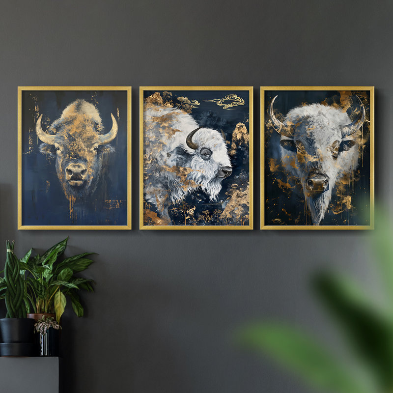 Buffalo Series XLIX - ensemble de 3 estampes numériques encadrées - prêt à être accroché, Cadre doré, H 14 po x l 11 po