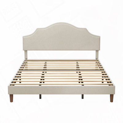 Linen Fabric Upholstered Platform Bed with Adjustable Headboard