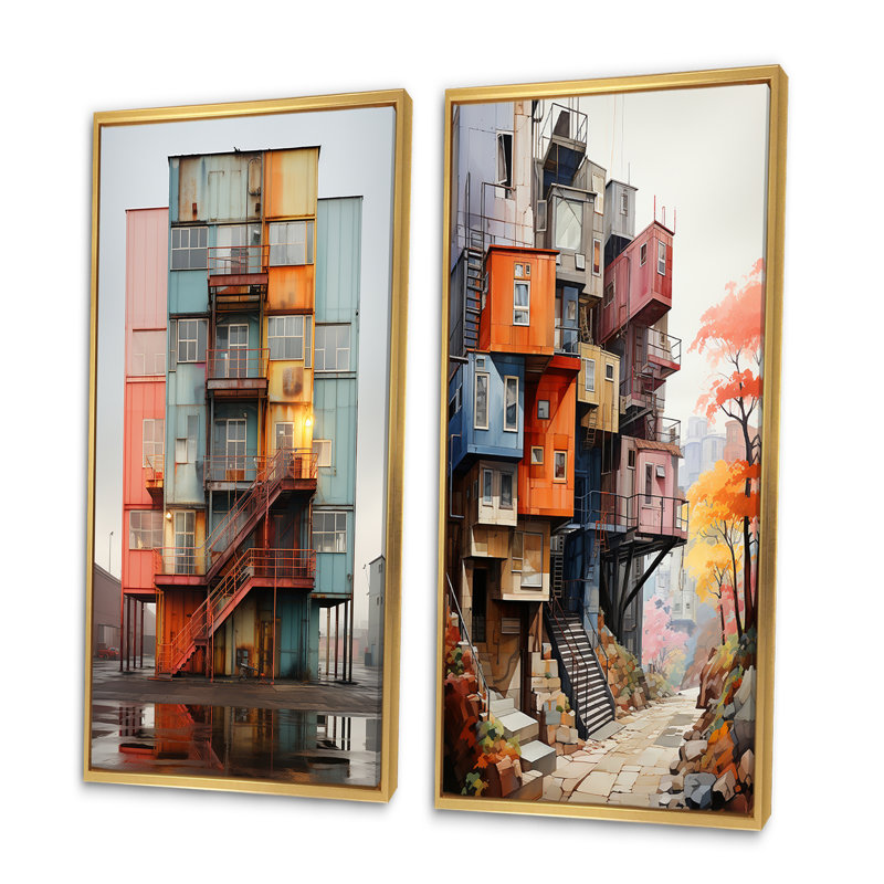 «Warehouse Industrial Cubic Palette», 2 pièces, Encadrement doré, H 32 po x l 32 po