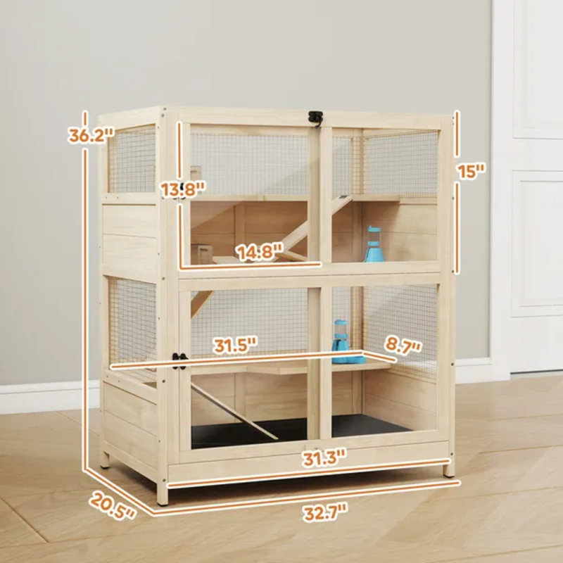 Cage à hamster en bois à 4 niveaux, abri pour petits animaux avec toit en filet, plateau coulissant, huttes, balançoires à bascule, rampes et bouteilles d'eau