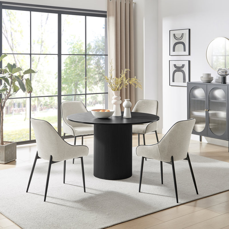 Penny Pillar Round Dining Table Set With 4 Luxury Fabric Dining Chairs - Scratch Resistant Top, Black, Cream