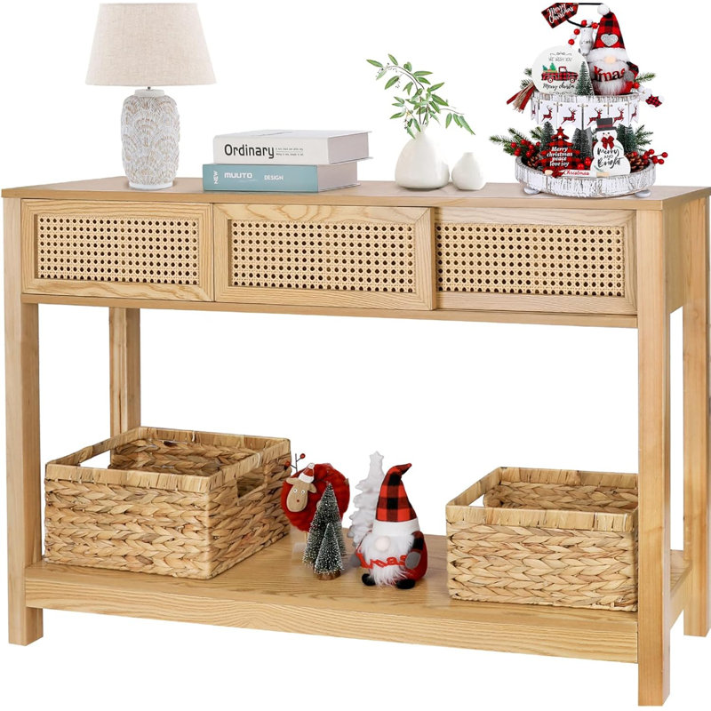 Table de canapé moderne moderne en bois et rotin avec tiroirs et rangement, Console longue