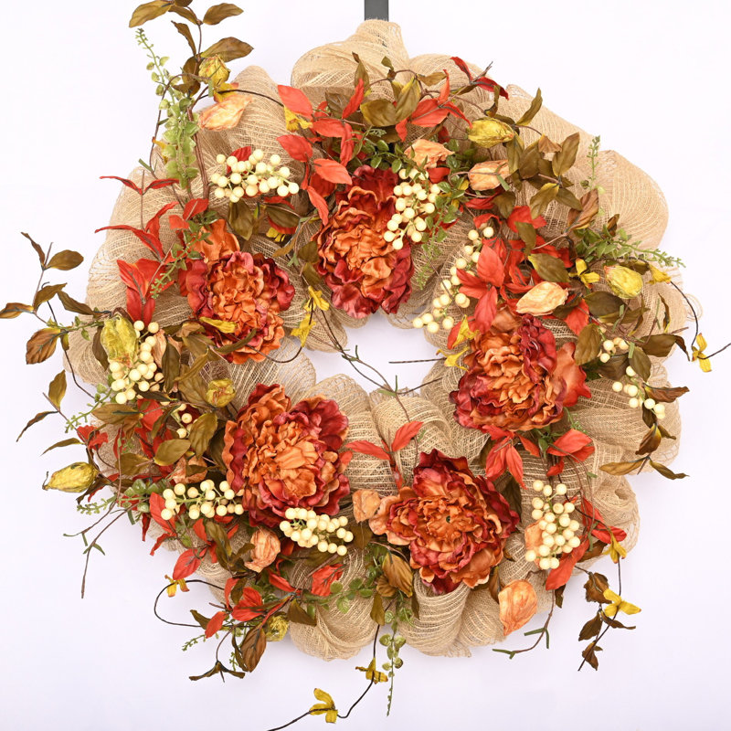 Couronne de pivoines 26 po Faux Thanksgiving, Orange