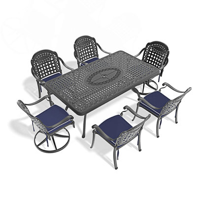 7-Piece All-Weather Cast Aluminum Dining Set, 2 Swivel Chairs+4 Dining Chairs+Rectangular Table