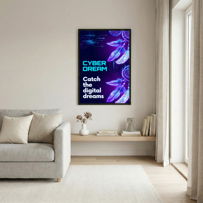 Cyber Dream Neon Feathers And Circuit Pattern Canvas Wrapped Wall Art Oil Painting Print Set Of 1