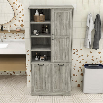 Élégante armoire de rangement pour salle de bain avec paniers à linge inclinables, tablettes réglables et anti-basculement