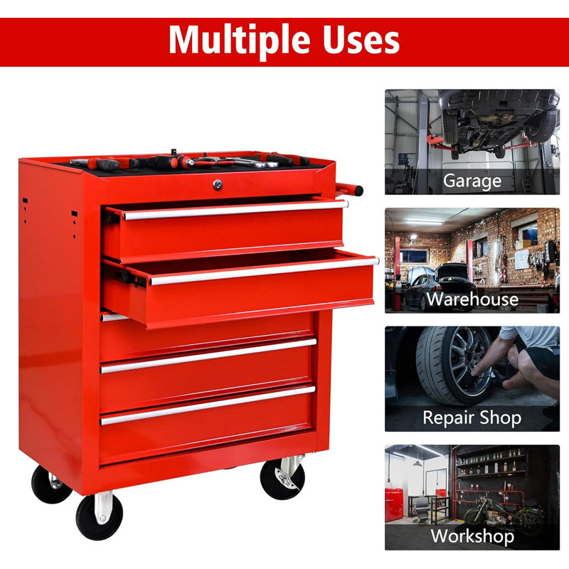 5-Drawer Tool Chest with 7 Organizer Trays & Wheels, Rolling Tool Cart for Garage Workshop, Red