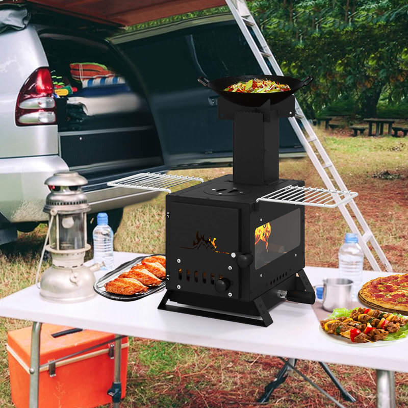 Wood Burning Stove with Heat Resistant Glass Window, Grill Net,, Stainless Steel