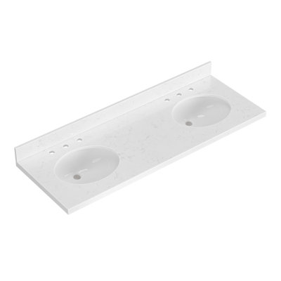 Ariel 60 Inch Carrara White Quartz Bathroom Vanity Countertop 1.5 Inch Thick Mitre Edge With Oval Double Sink And Includes Backsplash