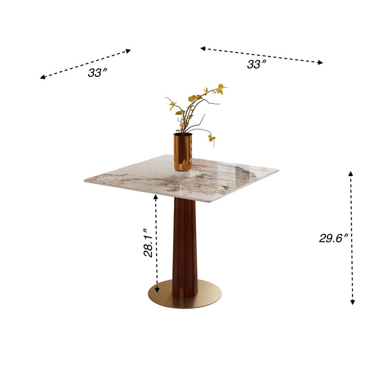 33" Contemporary Luxury Square Dining Table Collection with Embossed Striped Walnut Pedestal and Gold Base - Available in Midnight Onyx Glass, Arctic Texture, Sahara Mist and Black Grid Marble Finishes