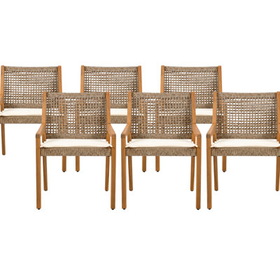 Ensemble de 6 chaises de jardin, en bois et matériaux composites, fini brun, résistant aux intempéries, supportant jusqu'à 180 kg, coussin de 3 cm d'épaisseur, forme incurvée, idéales pour les terrasses. Teintées, robustes et rembourrées.