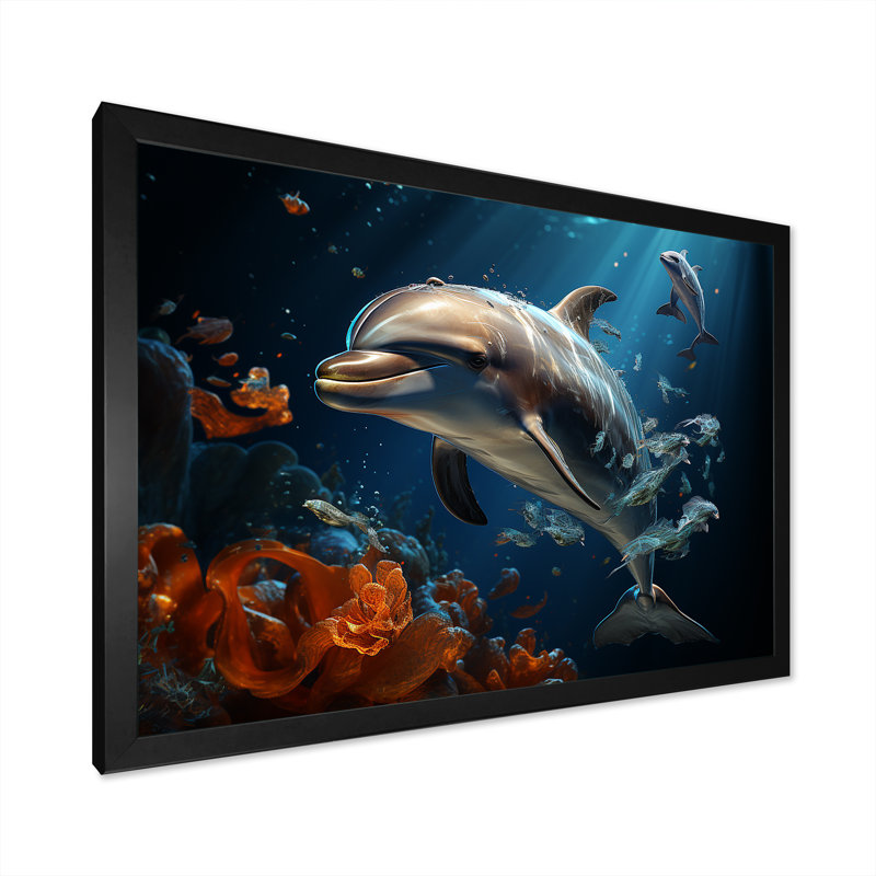 Dauphin éternel dansant II sur toile, H 34 po x l 44 po x P 1,5 po, Cadre d'angle fermé noir
