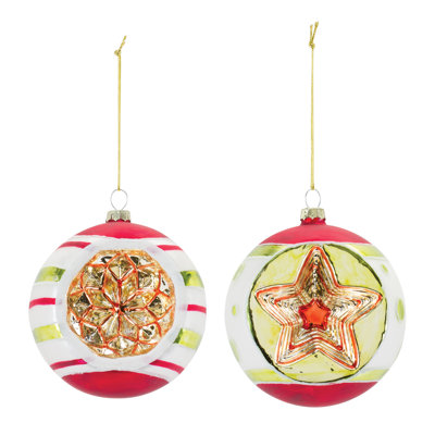 Striped Glass Ball Ornament with Geometric Reflector Accents (Set of 12)