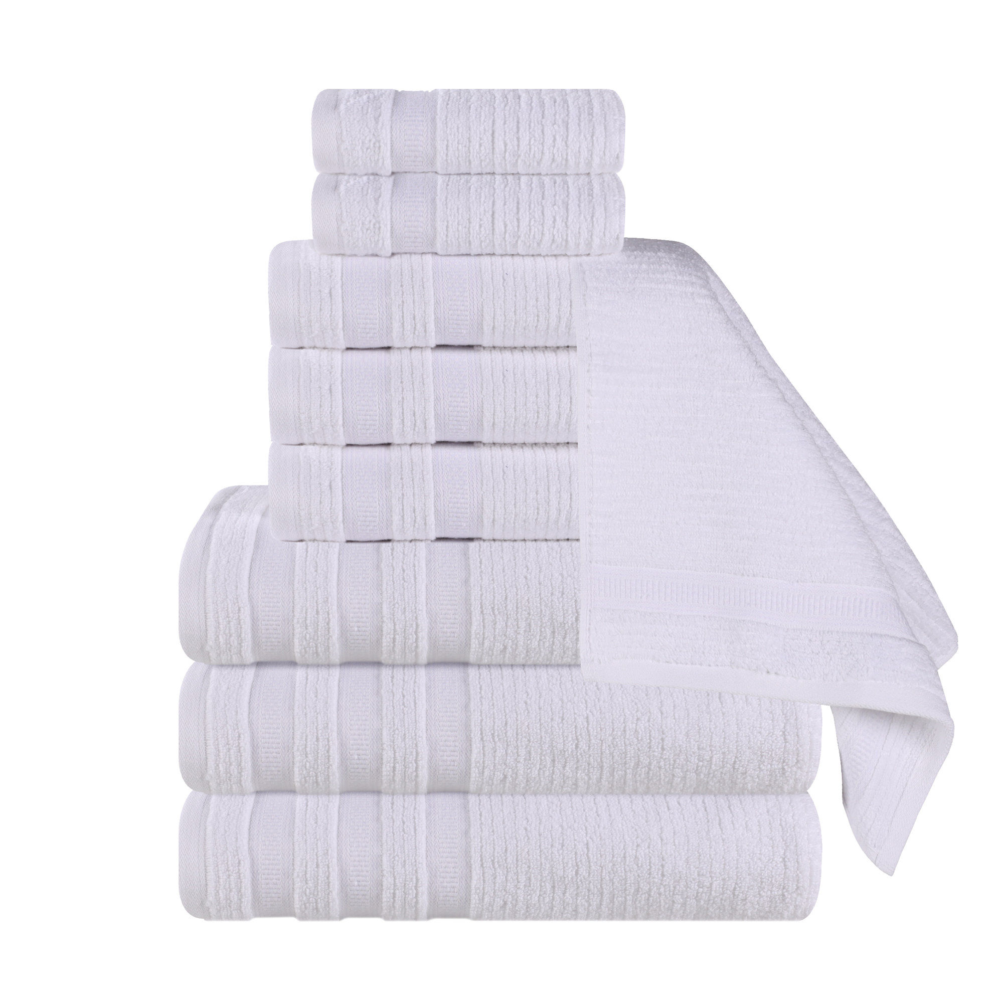 Orley Zero Twist Cotton Ribbed Modern Geometric Border Soft Highly-Absorbent Assorted Bathroom Towel Set, White