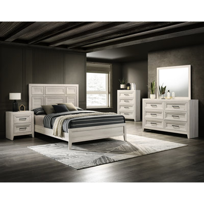Grand lit avec panneau blanc antique, style contemporain, détails encastrés, structure en bois, mobilier de chambre à coucher, sommier tapissier requis, conception, assemblage simple