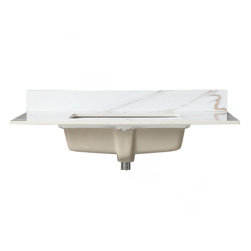 Dessus de meuble-lavabo en marbre de 37 po, comptoir de salle de bain avec lavabo central encastré rectangulaire et dosseret de 4 po de hauteur, comptoir pré-percé avec trou de robinet de 8 po, blanc de Carrare avec veines