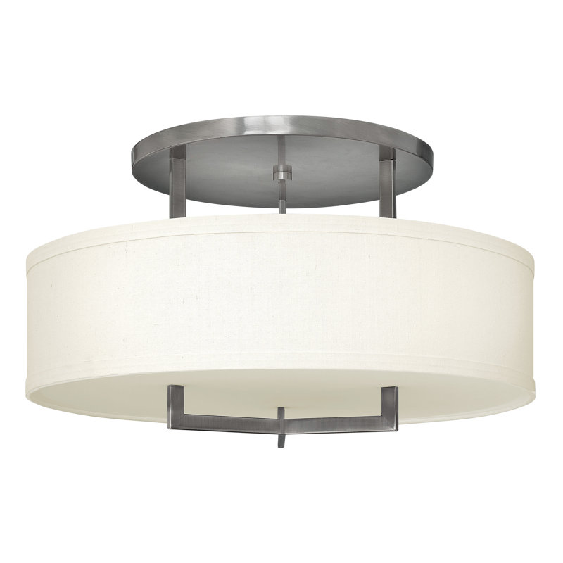 Hampton 3 - Light Shaded Drum Semi Flush Mount, Incandescent, 14.5" H x 26" W x 26" D, Antique Nickel