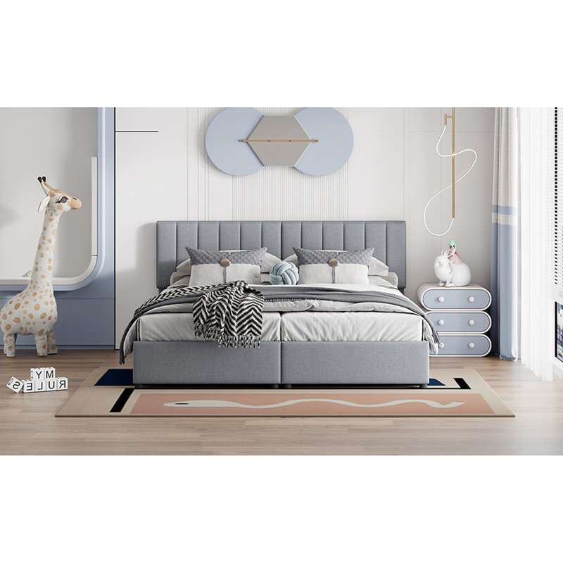 King Size Upholstered Bed In Gray With Practical Hydraulic Storage Solution Platform System
