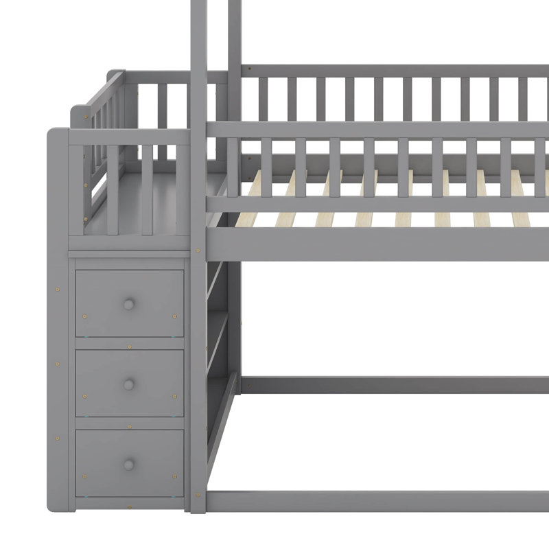 Twin Over Twin House Bunk Bed With Shelves And Drawers, Grey