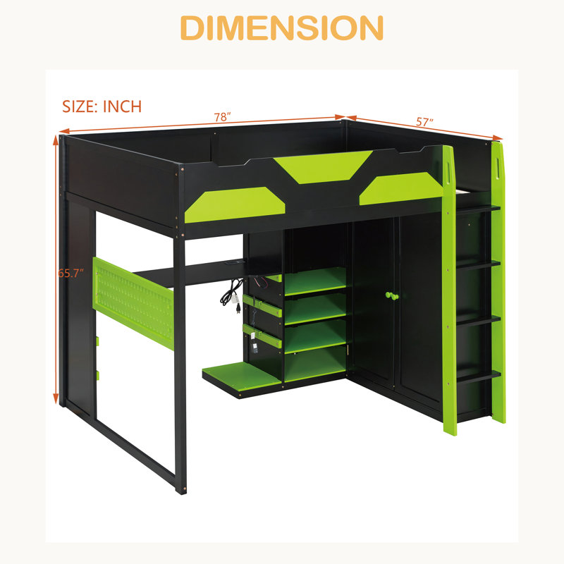 Lit mezzanine double en bois avec bureau, tablettes multiples, lumière USB et RVB, Vert