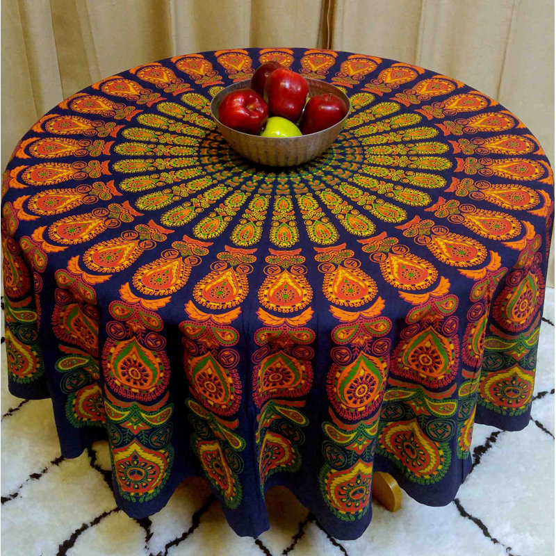 Lawhon Cotton Sanganer Peacock Mandala Tablecloth, Blue Orange