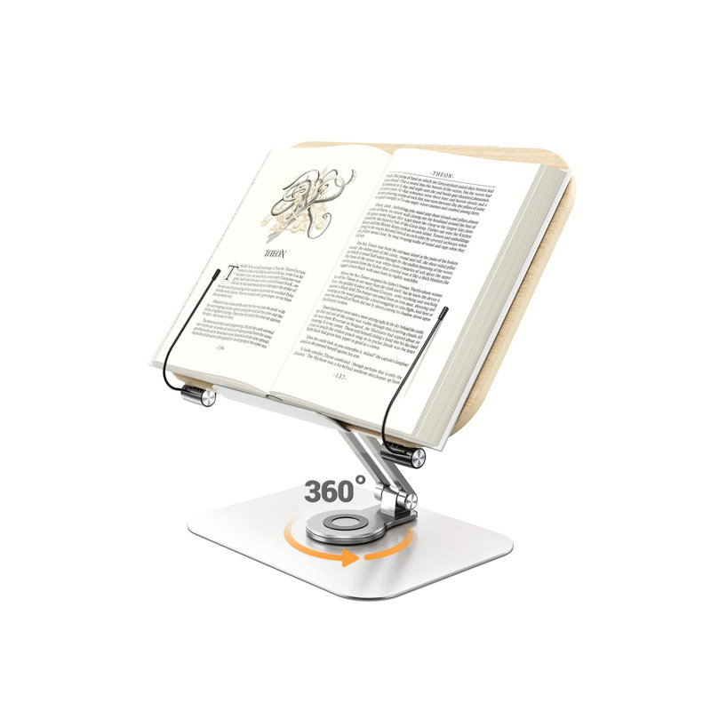 Book Stand For Reading, Adjustable Holder With 360° Rotating Base & Page Clips, Foldable Desktop Ricer For Cookbook,Sheet Music,Laptop,Recipe,Textbook,Hands Free,Wood,Aluminium