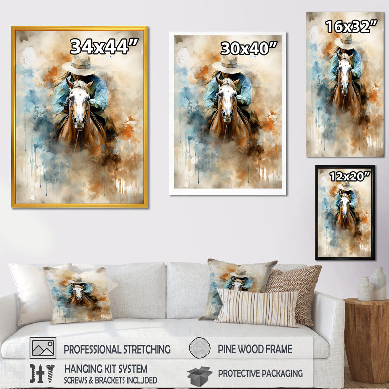«Cowboys avec cheval» - art mural Cowboys, Toile tendue, H 32 po x l 24 po x P 1 po