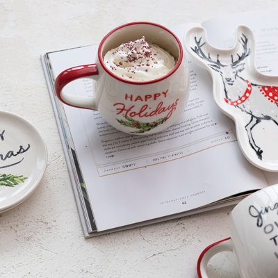 Stoneware Mugs with Holiday Saying and Animal Prints