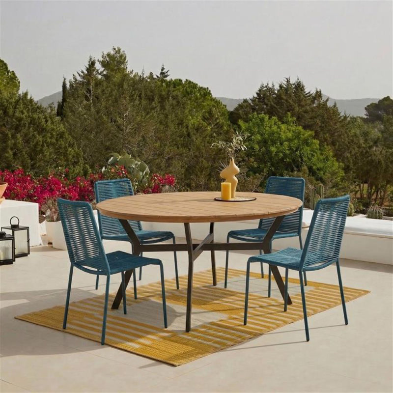 4 Seater Round Wooden Garden Set with Khaki Chairs, Teal