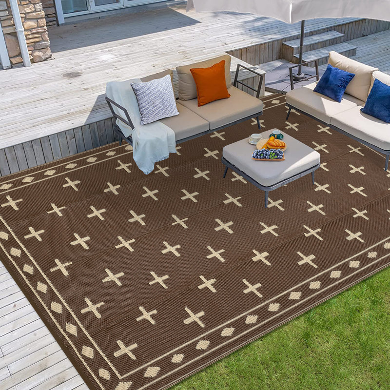 8' x 10' Waterproof Reversible Outdoor Rug, Plastic Straw Weave, Lightweight and Easy-Clean Patio Mat for Deck, Backyard, Camping or RV Use, Brown Coffee