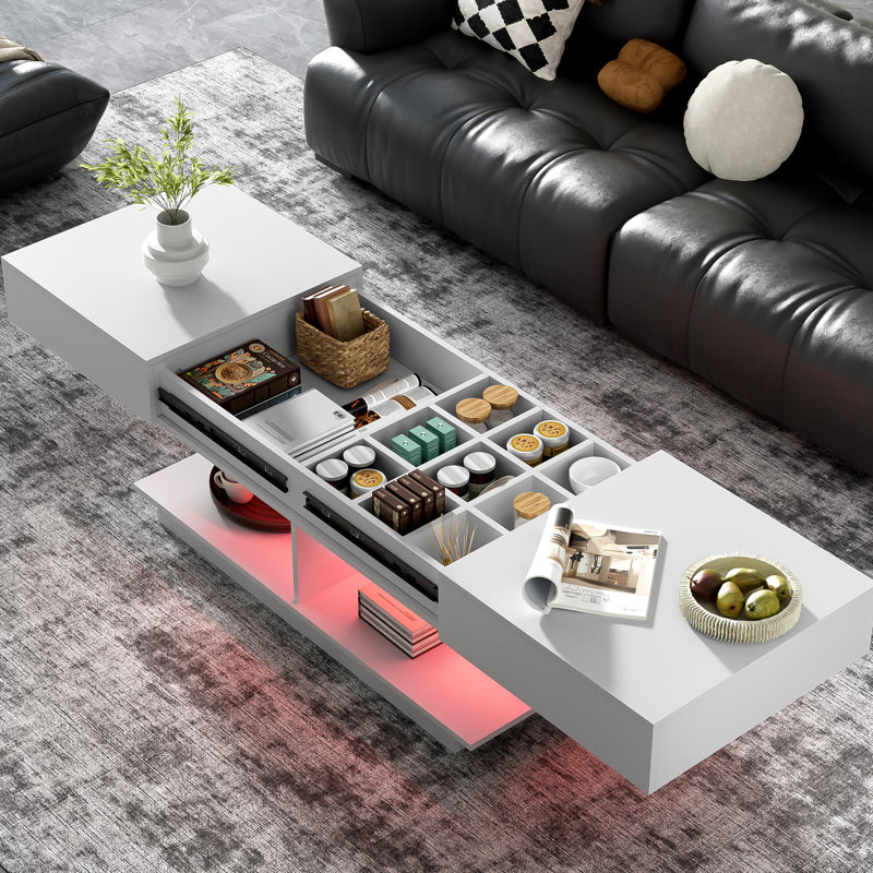 Table basse centrale extensible de 41,3 po à 76,7 po avec beaucoup de rangement, éclairage à DEL de 16 couleurs et compartiments de rangement cachés réglables à installation rapide, conception moderne pour l'espace de vie