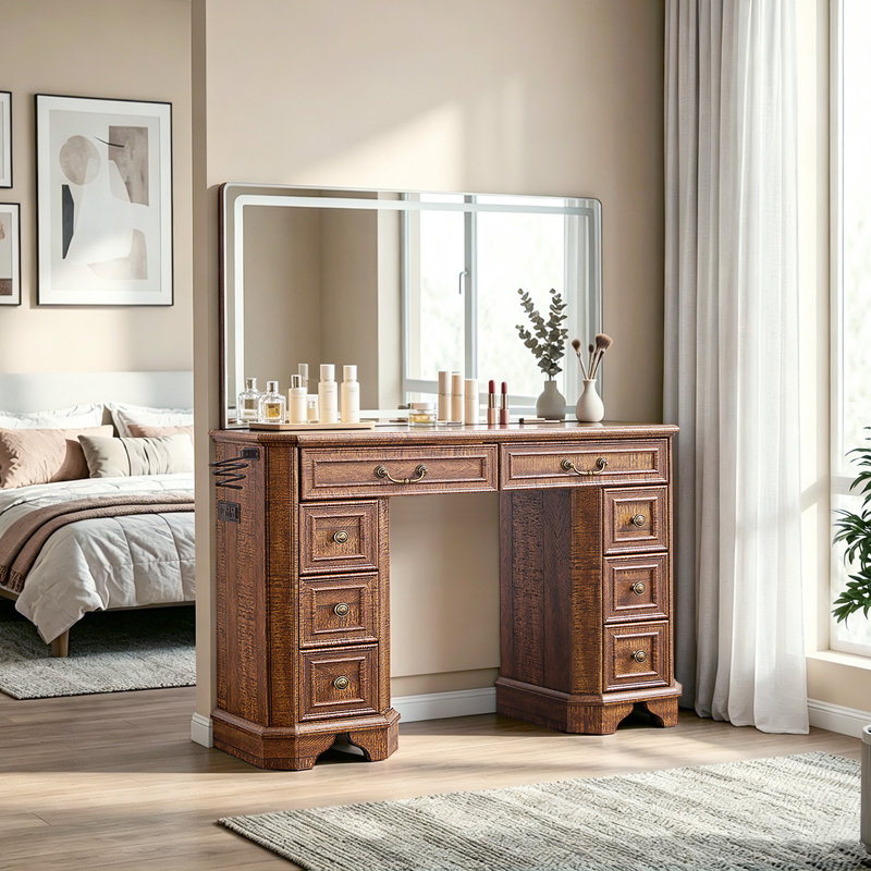 48" Vintage Farmhouse Makeup Vanity Desk LED Lighted Mirror & Power Outlets with 8 Drawers dresser, Brown