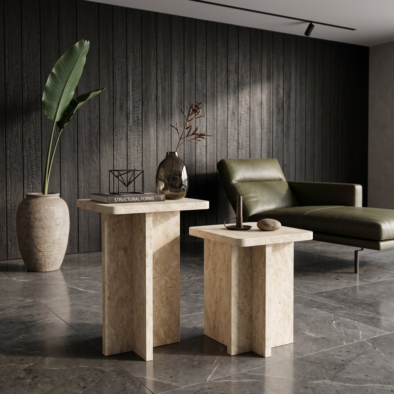 Travertine-Style Round Nesting Coffee Tables Set of 2