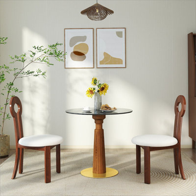 Table de salle à manger ronde moderne, table en verre trempé 33,5 po avec pieds en bois et base dorée, table de cuisine pour 2 personnes pour petit espace, capacité de poids de 150 lb