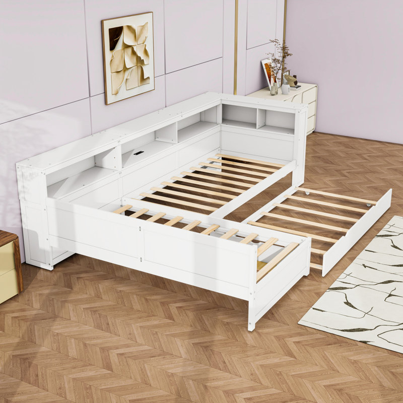Lit plateforme simple en bois avec tablettes, tiroir, lit gigogne et station de charge, Blanc