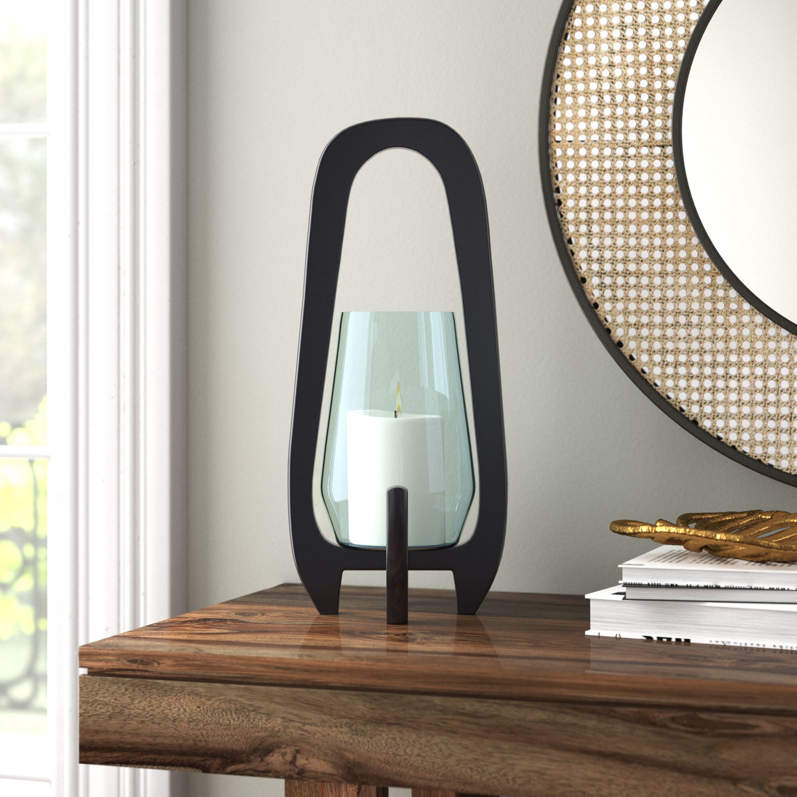 Sculpted Wood Glass Hurricane Lantern, For Decorative Use, Mango Wood and Glass, 18" H x 8" W x 8" D, Black