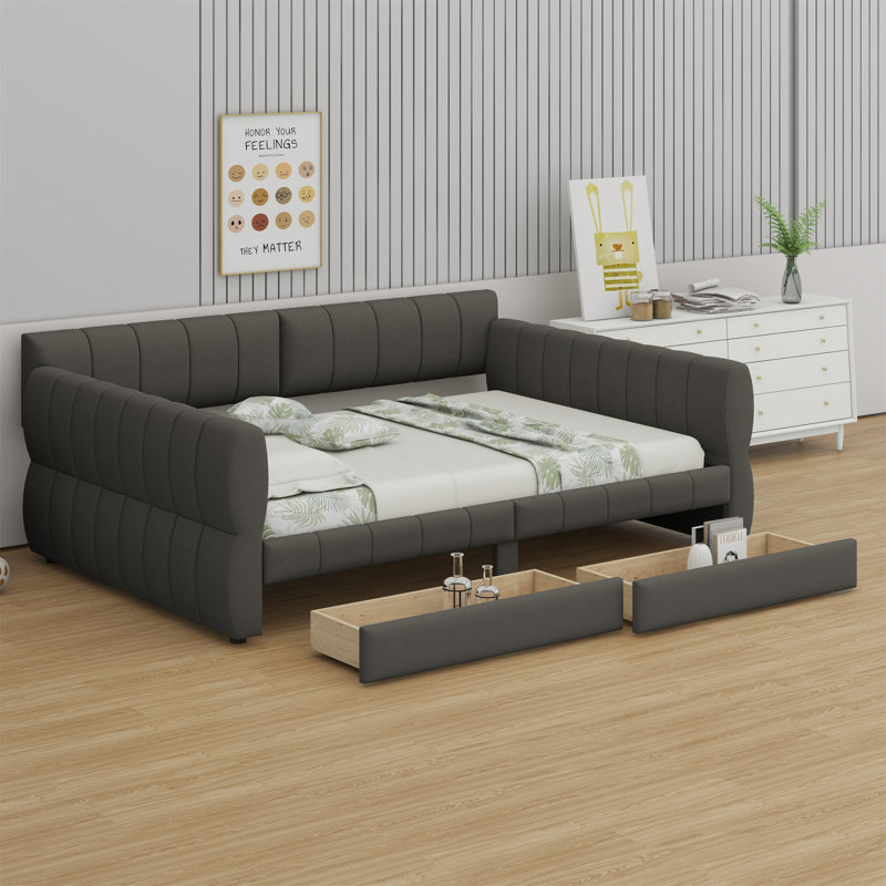 Lit plateforme tapissier avec port USB et 2 tiroirs, Gris