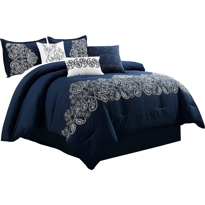7 Piece Paisley Embroidered  Comforter Set, California King Comforter + 2 King Shams, Navy