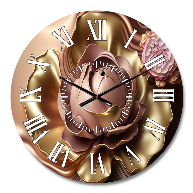 Horloge murale rétro à motif floral abstrait rose et or I, Médium