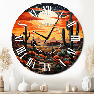 Orange Yellow Cactus Desert Sunset Saguaro - Floral & Botanical White Face Wall Clock