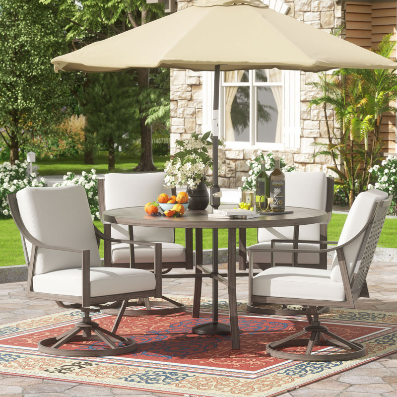 Dester Round 4 - Person Dining Set with 4 Swivel&Rocking Chair and Cushions, Gray Cushion/Gray Frame