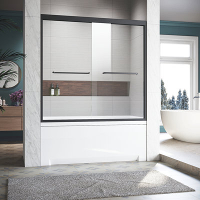 Sliding Glass Tub Door 56-60 In. W, Matte Black Semi Frameless Double Bathtub Door, Certified Thick Clear Clear Tempered Glass, 304 Stainless Steel Handles.