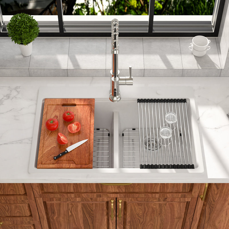 Quartz 33" X 22" Granite Composite Workstation Sink Quartz Drop In Low Divider 50/50 Double Bowls Kitchen Sink, White