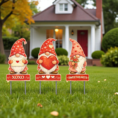 Premium Valentine Gnome Yard Sign – Set of 3 - Heavy-Duty PVC Outdoor Decor - 12” Tall + Metal Stakes - Reusable Year After Year