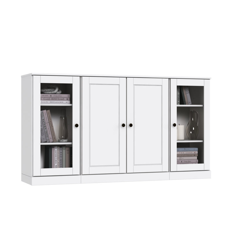 Kyreigh 100% Solid Wood 65" Sideboard with Solid, Clear Glass Doors and Adjustable Shelves, White