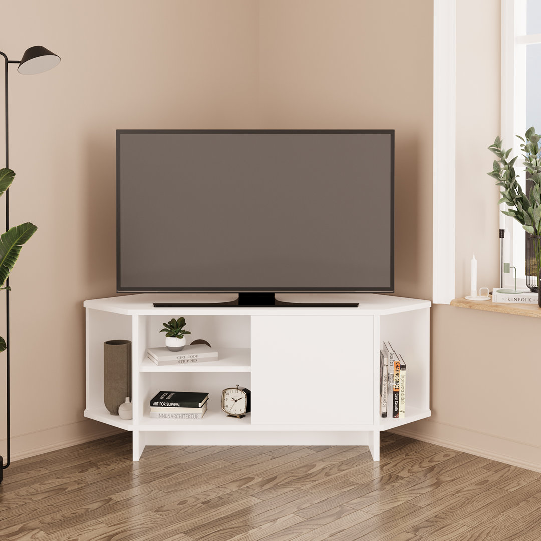Teo Corner TV Stand – Space-Saving TV Unit for 43–48'' TVs, Compact Media Console with Open Shelves & Cabinet, Ready to Assemble, Available in 7 Colou