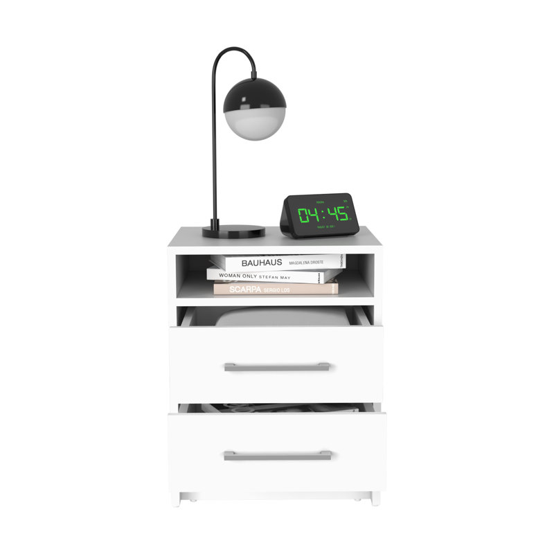 Table de chevet à deux tiroirs avec tablette ouverte blanc